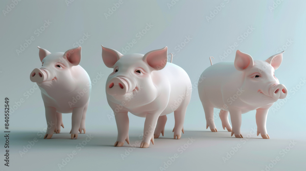 Three stylized cartoon pigs standing in a row, depicted in a clean and minimalist setting with soft lighting. Three stylized cartoon pigs standing in a row, depicted in a clean and minimalist setting with soft lighting.