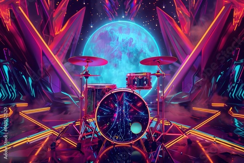 A digital illustration of a drum set situated in a futuristic landscape, illuminated by a large, vibrantly colored moon.