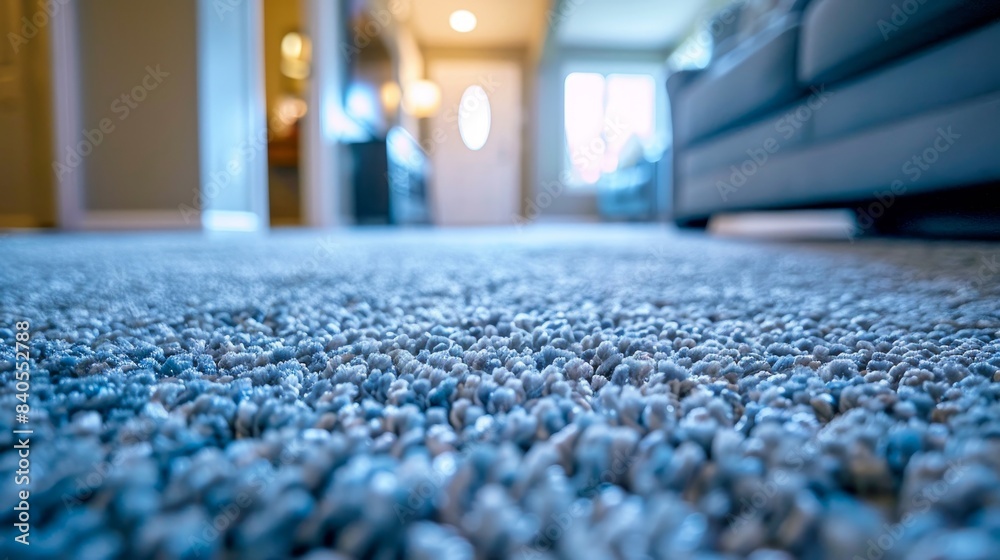 Fototapeta premium Close-up of a soft, textured carpet in a cozy, modern living room, with sunlight gently illuminating the space.