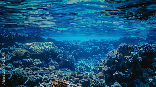 coral blue water in the ocean, oceanic view, underwater life scene, coral blue background