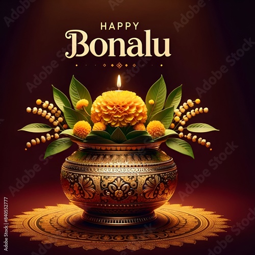 Realistic illustration for the Bonalu festival with a traditional ornamental pot with decoration. photo