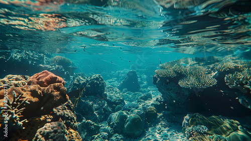 coral blue water in the ocean  oceanic view  underwater life scene  coral blue background