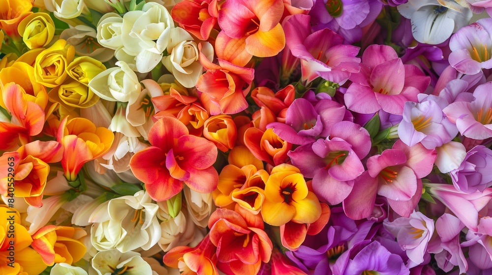 top view of bouquet arranged of freesia flowers close up top view of bouquet arranged of freesia flowers close up