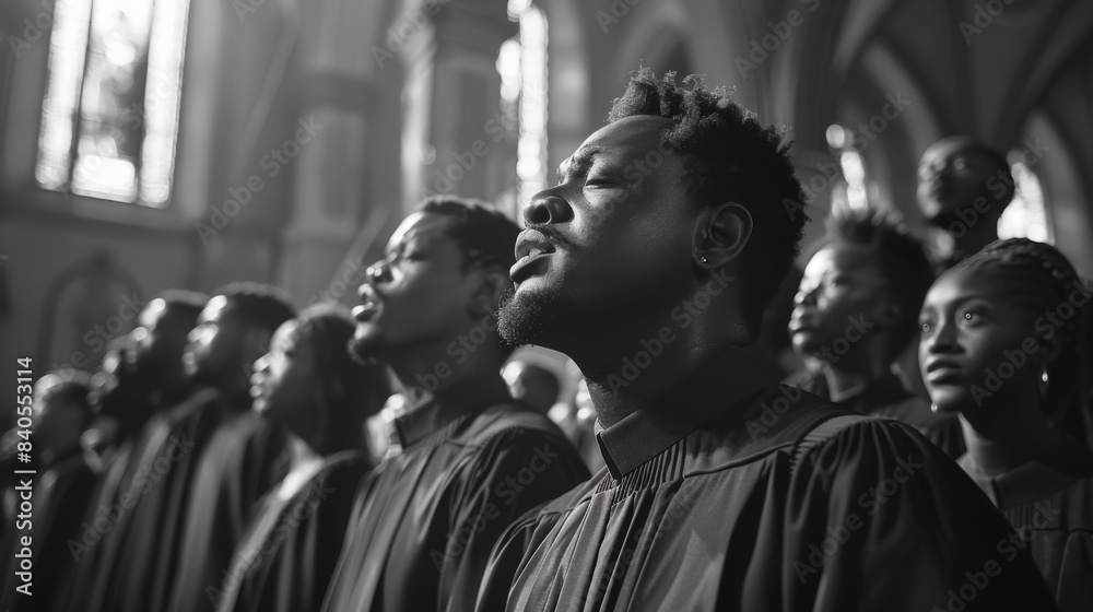 Inside a church, gospel choir group wears typical tunics Inside a church, gospel choir group wears typical tunics