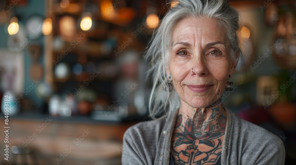 At work, a 50-year-old woman is tattooed At work, a 50-year-old woman is tattooed