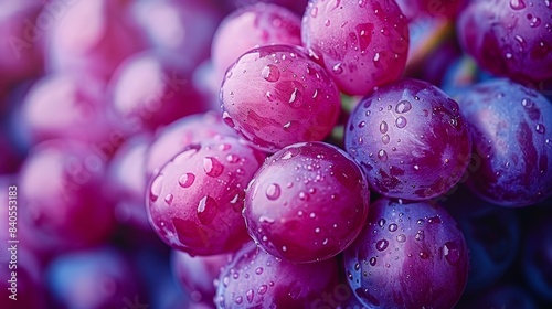 Close-up of fresh, vibrant purple grapes covered in water droplets, showcasing their juicy and ripe appearance. Perfect for fruit and nature concepts.