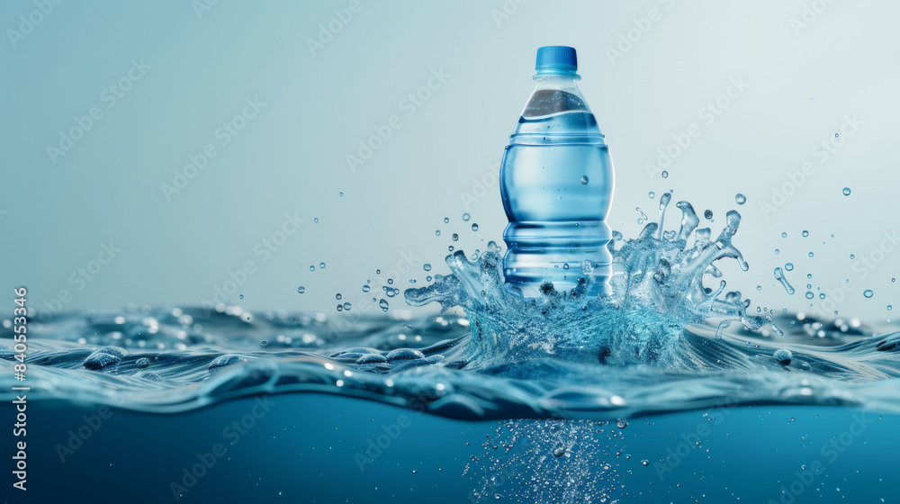 Plastic water bottle splashing into water, capturing freshness and hydration on a light blue background. Plastic water bottle splashing into water, capturing freshness and hydration on a light blue background.