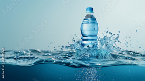 Plastic water bottle splashing into water  capturing freshness and hydration on a light blue background.