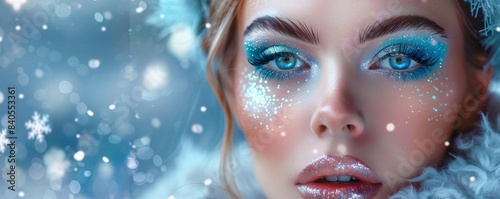Makeup for Christmas - Snowy eyelashes and rhinestones on lips