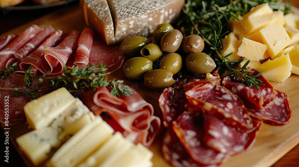 Delicious charcuterie board featuring a variety of cheeses, meats, olives, and herbs, perfect for a stylish appetizer or snack. Delicious charcuterie board featuring a variety of cheeses, meats, olives, and herbs, perfect for a stylish appetizer or snack.