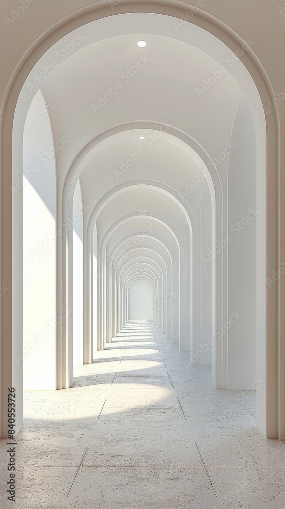 Fototapeta premium White Arched Hallway With Tiled Floor and Soft Lighting