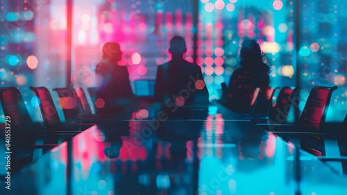 business meeting room close up, focus on, copy space vibrant colors, Double exposure silhouette with technology interface