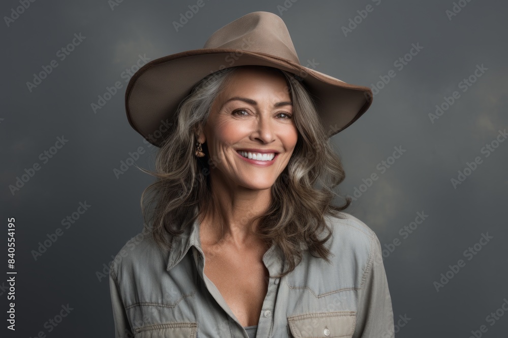 Portrait of a happy woman in her 50s wearing a rugged cowboy hat over pastel gray background Portrait of a happy woman in her 50s wearing a rugged cowboy hat over pastel gray background