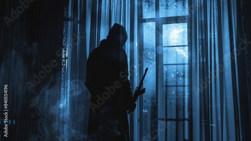 A shadowy figure holding a weapon, partially obscured by curtains in a moonlit room