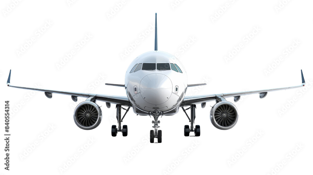 Front view of a commercial airplane with a white exterior isolated on a transparent background, ideal for travel and aviation themes.