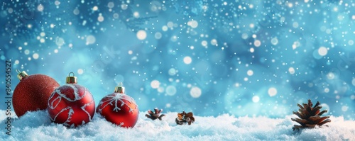 Decorative snowballs and pinecones in a winter scene photo