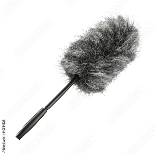 A close-up image of a gray feather duster with a black handle, ideal for household cleaning and dusting surfaces efficiently.