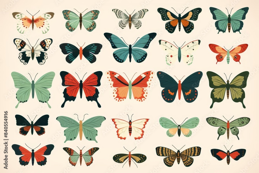 Insect mimicry adaptations flat design, top view, entomology theme, cartoon drawing, colored pastel