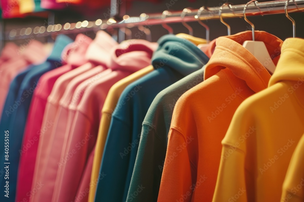 Row of different colorful youth cashmere sweaters and hoodies, sweatshirts and on a clothes rack. Mock up advertising merch.