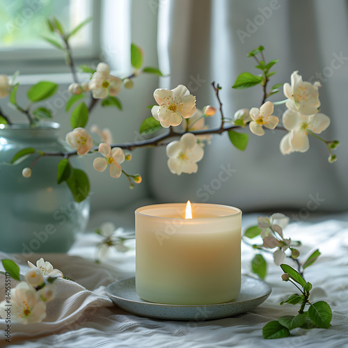 aroma candle in a cozy home spring interior isolated on white background  minimalism  png
