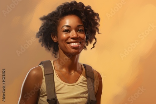 Portrait of a smiling afro-american woman in her 30s dressed in a breathable mesh vest isolated on pastel brown background © CogniLens