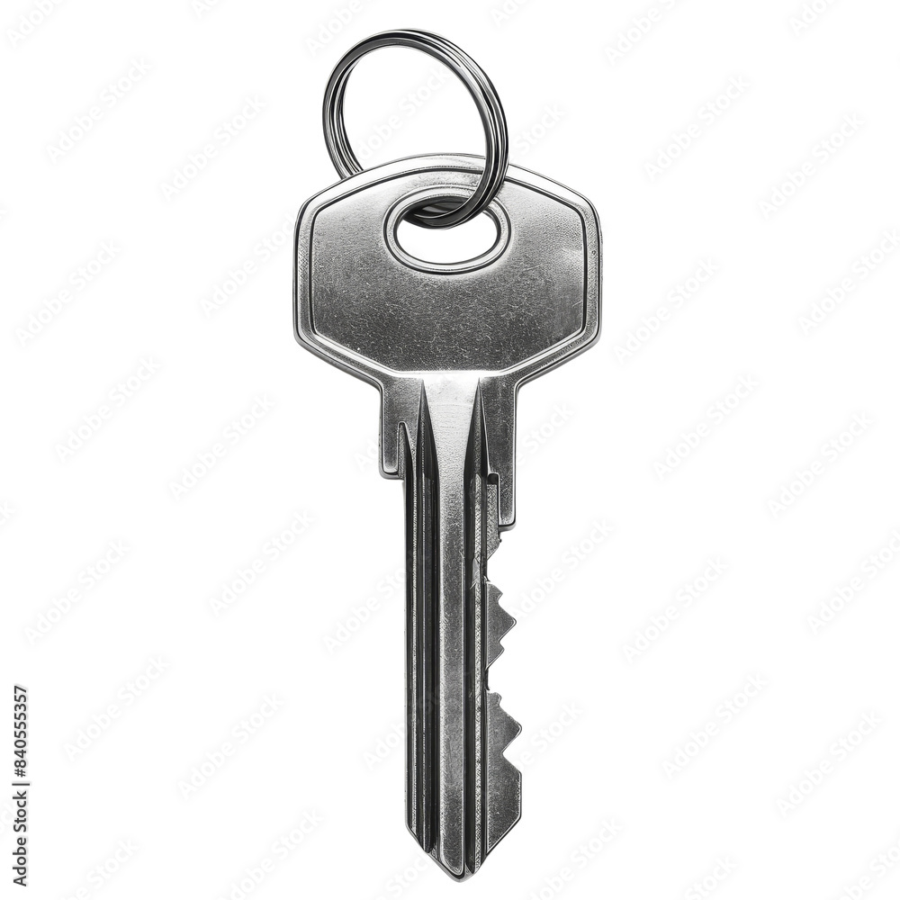 Close-up image of a metallic silver key with a circular keyring. Perfect for security, access, or house-related concepts. Close-up image of a metallic silver key with a circular keyring. Perfect for security, access, or house-related concepts.