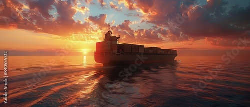 Cargo Ship Sailing At Sunset Over The Ocean