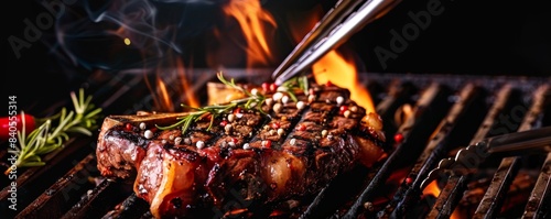 With rosemary and pink peppercorn, T-bone steak - Porterhouse on the grill photo