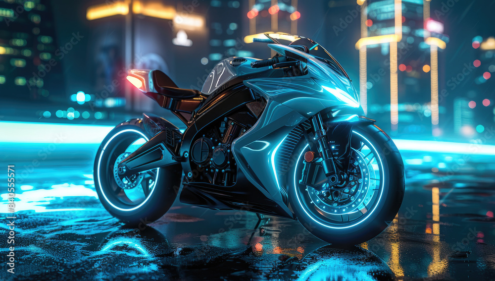 Motorcycle on the road in night. Created with Ai