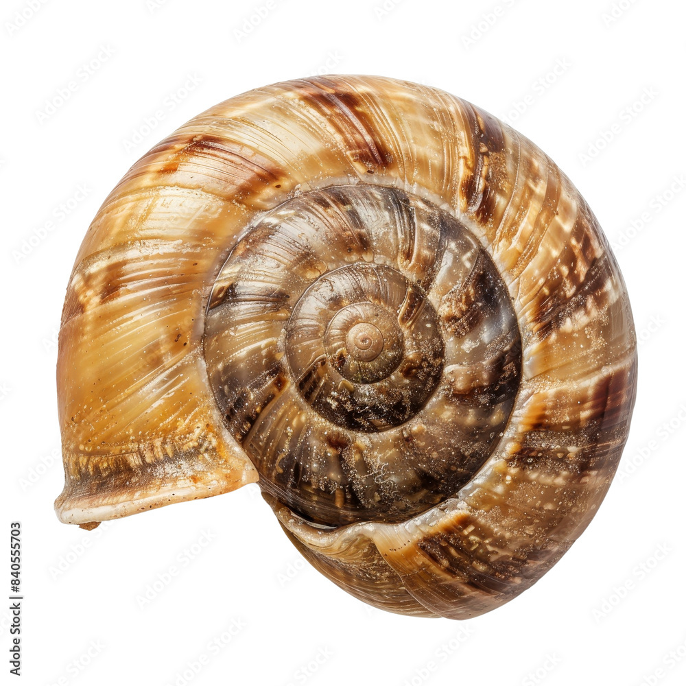 Close-up of a brown snail shell showing detailed spirals and natural texture, isolated on a white background. Close-up of a brown snail shell showing detailed spirals and natural texture, isolated on a white background.