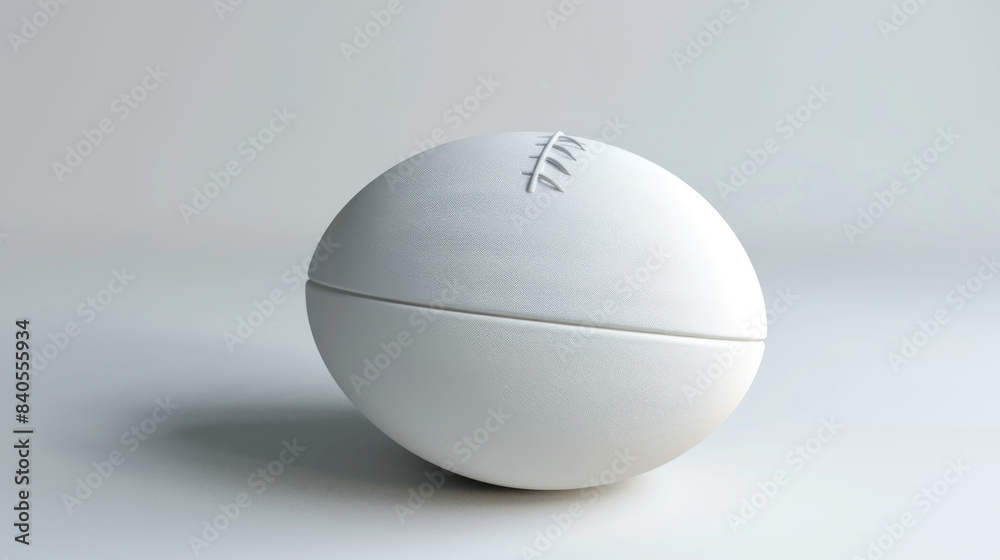 White rugby ball placed on a light background, emphasizing its shape, texture, and stitching details. White rugby ball placed on a light background, emphasizing its shape, texture, and stitching details.