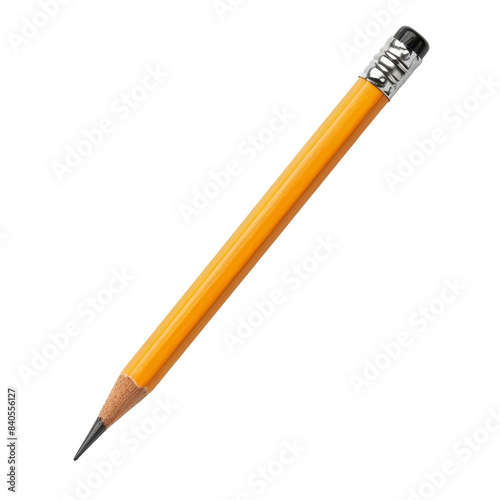 Close-up of a sharpened yellow pencil with an eraser on a white background, perfect for school, office, and art-related designs.