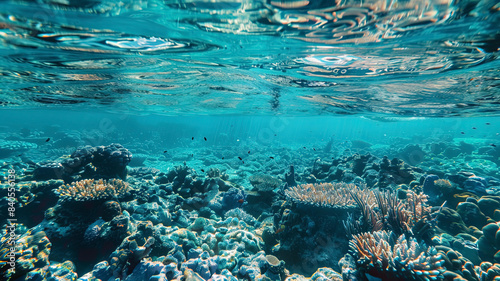 coral blue water in the ocean  oceanic view  underwater life scene  coral blue background