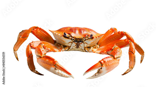 Close-up of a vibrant orange crab isolated on a white background, highlighting its detailed claws and shell. Perfect for marine, food, and nature themes.