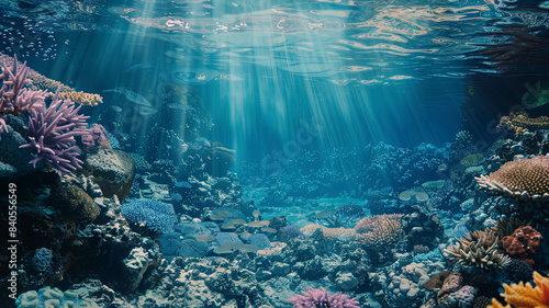 coral blue water in the ocean  oceanic view  underwater life scene  coral blue background