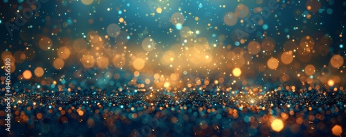 Golden Glitter Dust On Blue Background - Christmas Defocused photo