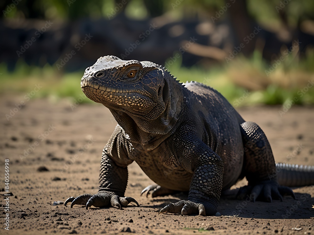 Fototapeta premium Coveted by exotic animal collectors, the majestic Komodo dragon, a rare and endangered species, poses in its natural habitat.