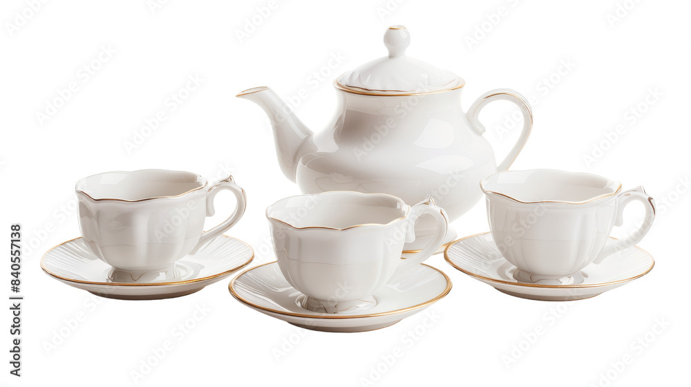 Elegant white porcelain tea set with three cups, saucers, and a teapot. Perfect for a sophisticated tea party or afternoon tea setting. Elegant white porcelain tea set with three cups, saucers, and a teapot. Perfect for a sophisticated tea party or afternoon tea setting.