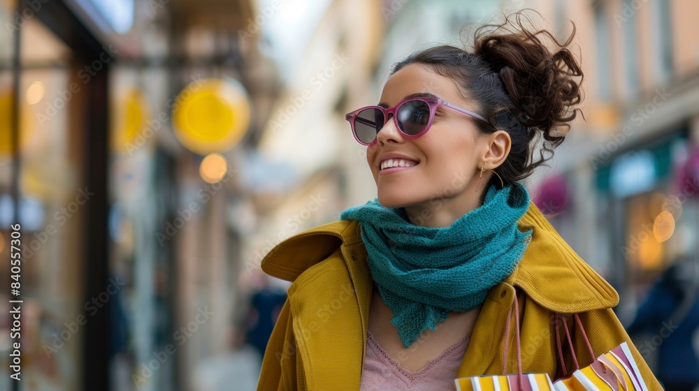 Fototapeta premium beautiful woman shopping with a smile on the street in day