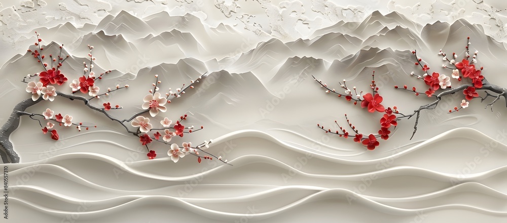 3d relief background, wave pattern with red and beige plum blossoms