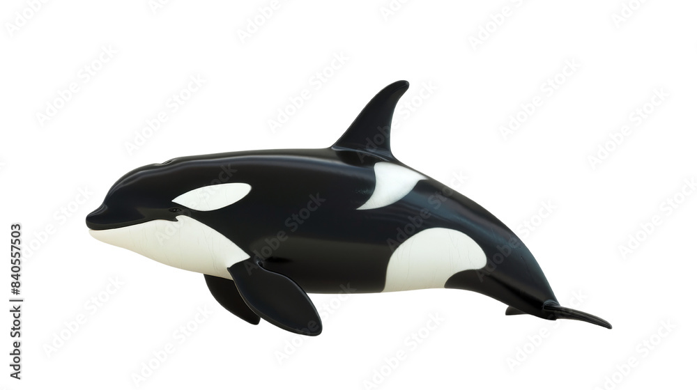Fototapeta premium A majestic orca whale swimming, isolated on a white background, showcasing its distinctive black and white pattern.
