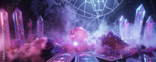 A blurred altar with defocused Tarot cards and smoke depicts the art of cartomancy