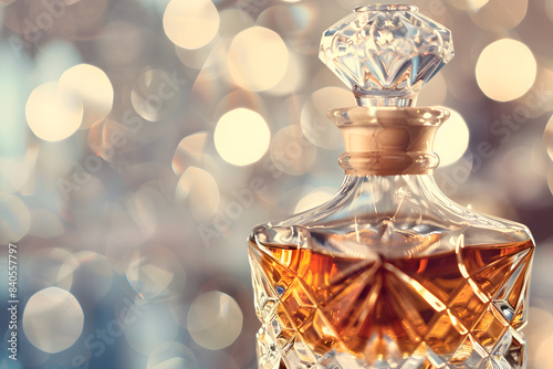 A close-up of a fine crystal decanter filled with whiskey, with a blurred background providing plenty of copy space for high-end beverage promotions  © mediahain.de