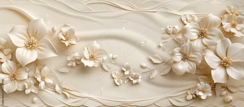 3d wallpaper stretch ceiling beige background with decorative flowers and paper frame