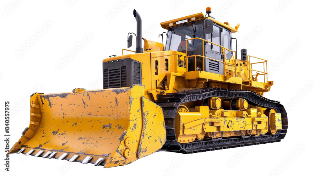 Obraz premium High-resolution image of a yellow bulldozer standing isolated on white background showcasing its powerful build and industrial strength.