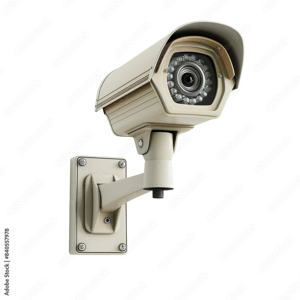High-resolution security camera in beige housing mounted on a wall, ideal for surveillance and safety monitoring of indoor and outdoor areas. High-resolution security camera in beige housing mounted on a wall, ideal for surveillance and safety monitoring of indoor and outdoor areas.