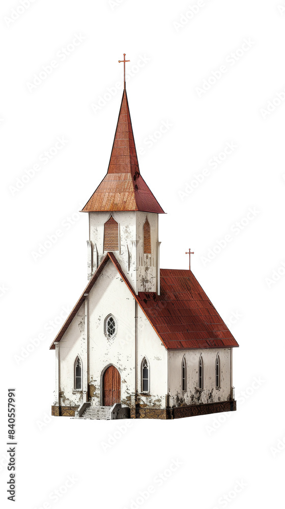 Historic white church with red roof and tall steeple, isolated on white background. Charming and rustic architectural detail photography. Historic white church with red roof and tall steeple, isolated on white background. Charming and rustic architectural detail photography.