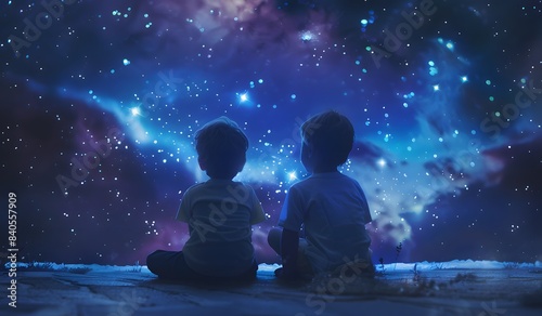 Two children sitting on the ground looking at stars in sky, fantasy world, dreamy, beautiful night sky