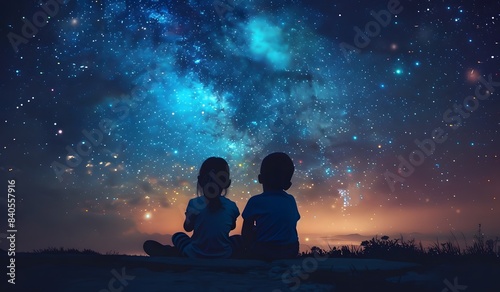Two children sitting on the ground looking at stars in sky, fantasy world, dreamy, beautiful night sky