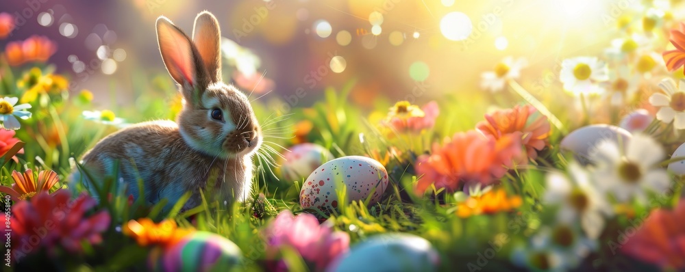 Bunny in sunny garden with decorated eggs for Easter Bunny in sunny garden with decorated eggs for Easter